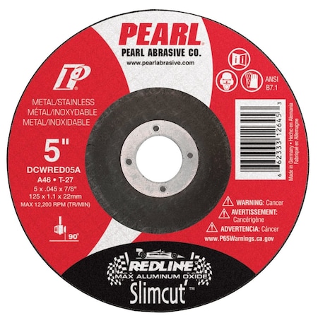Pearl Abrasive Cut-Off Wheel, Dry, 5 in Dia, 0.045 in Thick, 7/8 in Arbor Hole Size, 30 Grit DCWRED05A