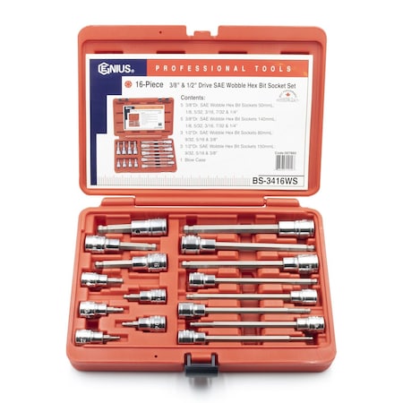 Genius Tools 16PC 3/8 & 1/2in Dr. SAE Long Wobble Hex Bit Sockets BS-3416WS