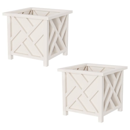 Pure Garden Lattice Design Outdoor Planter Box 14.75" Square 13" Tall White Decorative Plant Pots, 2PK 50-1162