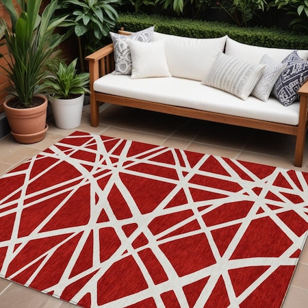 Homeroots 8' X 10' Red And Ivory Geometric Washable Indoor Outdoor Area Rug 600489
