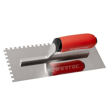 Powertec Stainless Steel Trowel with 1/4in x 1/4in Square Notch, Soft Grip Handle for Cement, Concrete 72180