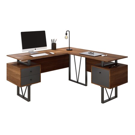 Homeroots 59" Walnut Wood and Stainless Steel L Shape Computer Desk With Two Drawers 723747