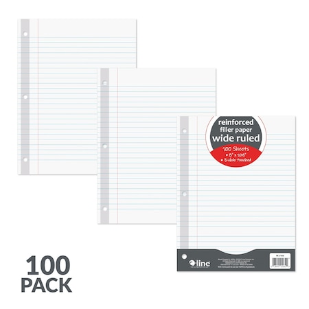 C-Line Products 8" x 10-1/2" White Wide Ruled Reinforced Notebook Filler Paper, 100/PK 21032