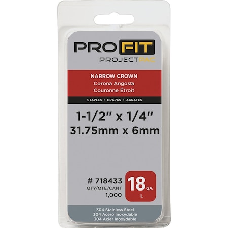 Pro-Fit 1/4'' x 1-1/2'' 18 Gauge 304-Stainless Steel L-Style Narrow Crown Staple, 1000 Ct. 718433