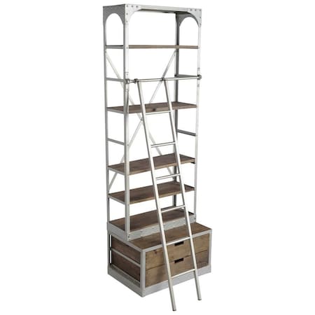 Homeroots 32" Light Brown And Nickel Metal and Solid Wood Five Tier Library Bookcase with Two Drawers 611040
