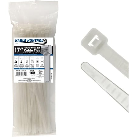 Kable Kontrol Natural Clear Zip Ties, 17 in L, Natural Clear, Nylon 6-6, 175 lb Strength, 100 PK CT17-175N