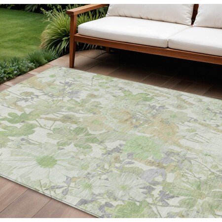 Homeroots 9' X 12' Artichoke Green Lavender And Beige Floral Washable Indoor Outdoor Area Rug 611184