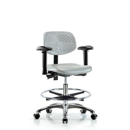 Blue Ridge Ergonomics Poly Chair Chr-Medium Bench Ht with Seat Tilt, Adjustable Arms, Chr Foot Ring, &Casters in Gray Poly PMBCH-CR-T1-A1-CF-CC-GRY