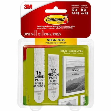 Command Medium and Large Picture Hanging Strip, 12, 16 lb, Plastic, White 17209-28ES