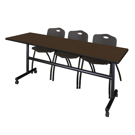 Regency Kobe Flip-Top Training Nesting Table W/ 2 M Stack Chairs, 84 in W, 24 in L, Neo Walnut MKFT8424NW47BK