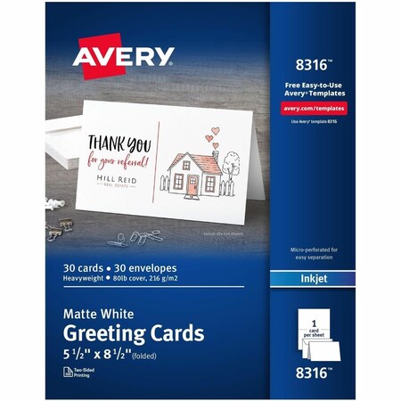 Avery Half-Fold Greeting Card with Envelope, 8-1/2" x 5-1/2", Matte, White, 30 Sheets/Pack 8316