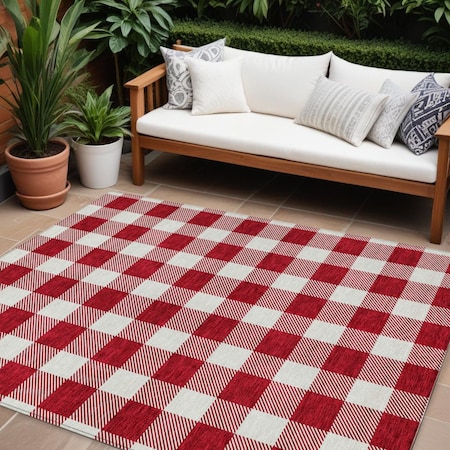 Homeroots 10' X 14' Red And Ivory Plaid Washable Indoor Outdoor Area Rug 595432