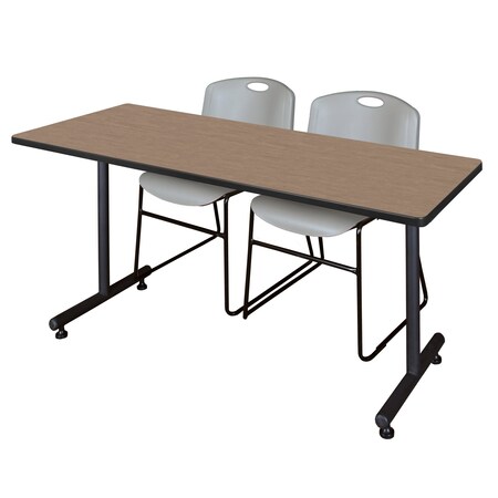 Regency Kobe T-Base Training Seminar Table W/ 2 Zeng Stack Chairs, 60 in W, 30 in L, Noble Oak MKTRCT6030NO44GY