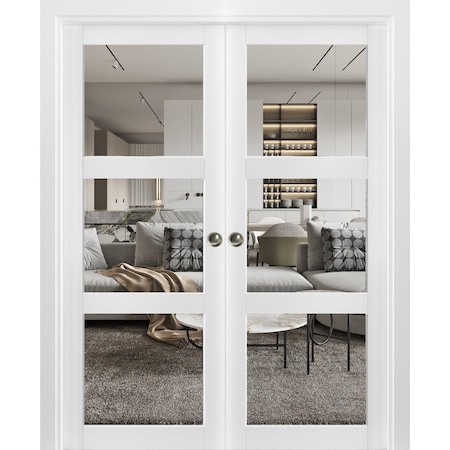 Sartodoors Sliding French Double Pocket Doors Clear Glass 3 Lites, Lucia 2555 White Silk, Kit Trims Rail Hard LUCIA2555DP-WS-48