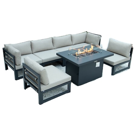 Leisuremod Chelsea 7-Piece Patio Sectional And Fire Pit Table Black Aluminum With Cushions, Beige CSFBL-7BG