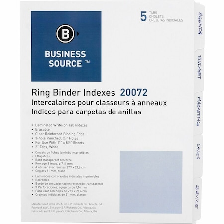 Business Source 3Ring 5Tab Erasable Tab Indexes, White, 5PK BSN20072