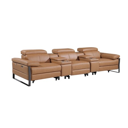 Homeroots 129" Chestnut Top Grain Leather Reclining Metal USB Sofa 720345