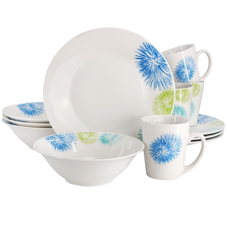 Gibson Home Blue Meadow 12 Piece Fine Ceramic Dinnerware Set in White with Colored Accents 142757.12