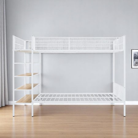 Homeroots White Twin Over Full Industrial Metal Bunk Bed With Shelves 592812