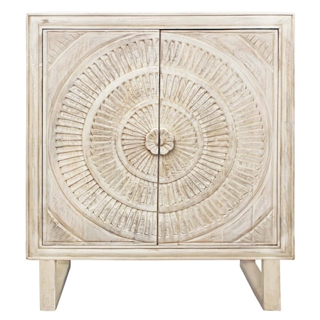 Homeroots 33in Distressed White Solid Wood Two Door Floral Carved Accent Cabinet 489022