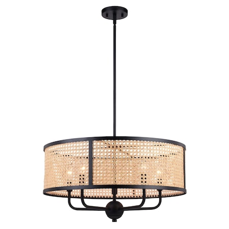 Vaxcel Berens 5 Light Matte Black Modern Farmhouse Drum Pendant Fixture with Rattan Cane Shade P0395