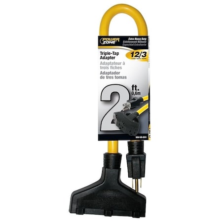 Powerzone Extension Cord, 12 AWG, 12/3, 3 Outlets, Yellow, 2 ft ORAD50802