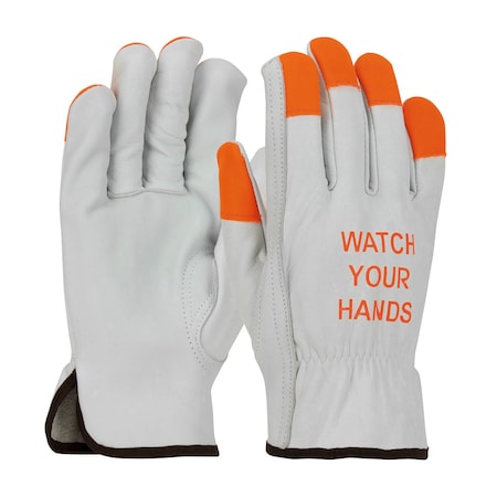 Pip Economy Grade Top Grain Cowhide Leather Drivers Glove w/Hi-Vis Fingertips and "WATCH YOUR HAN, 12PK 68-162HV/M