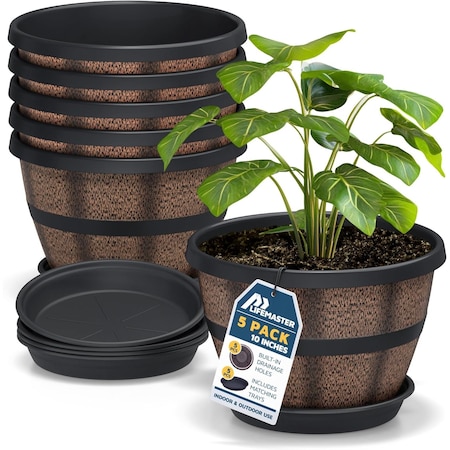 Lifemaster 10-Inch Whiskey Barrel Planters, Rustic Plastic Pots with Drainage and Saucers, 5PK LMPBP5BW5