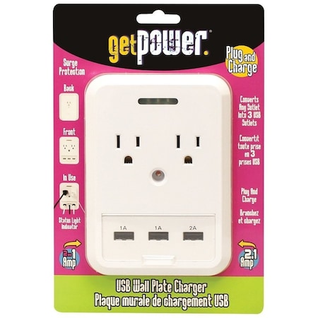 Getpower USB Wallplate Charger, 41 A, 5 Outlet, White GP-3USB-AC-AC