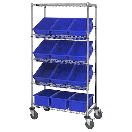 Quantum Storage Systems WIRE SHELVING UNIT W/12 BLUE BINS MOBILE MWRS-5-92060BL