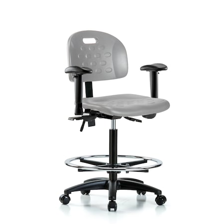 Blue Ridge Ergonomics Poly Chair - High Bench Height with Adjustable Arms, Chrome Foot Ring, & Casters in Gray Poly HPHBCH-RG-T0-A1-CF-RC-GRY