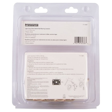 Prosource Swivel Caster, 1-1/4 in Dia Wheel, 16 mm W Wheel, Plastic Wheel, White, 40 lb JC-B04-PS