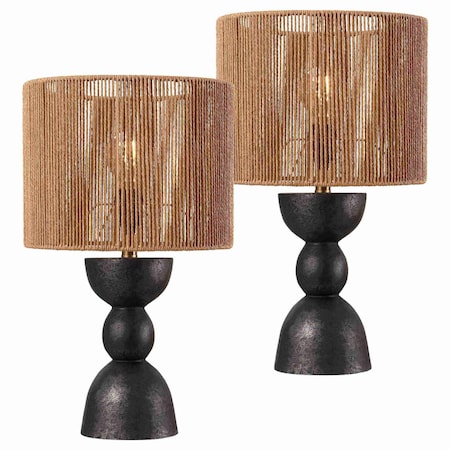 Jonathan Y Sherry 22" Bohemian Coastal Hourglass Totem Resin w/Hand-Woven Paper Rope Drum Shade LED Table, 2PK JYL5513C-SET2