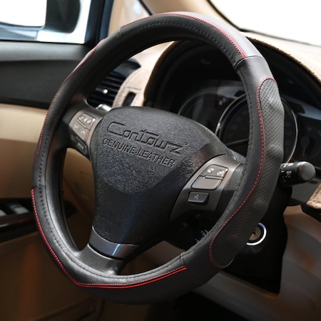 Dash Designs Comfort Grips Contourz Pro Grip Leather 14.5in - 15.5in Steering Wheel Cover - Black / Red 3402BK