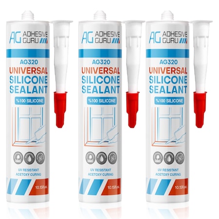 Adhesive Guru AG320 100% Silicone Sealant 10.15 oz., Multi-Purpose, Waterproof, Flexible Caulk, Clear, 3PK adgr_UniSil_AG320_3pk