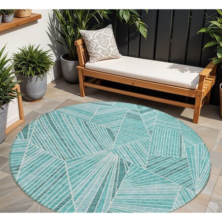 Homeroots 8' Teal Blue And Ivory Round Geometric Washable Indoor Outdoor Area Rug 594811
