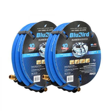 Blubird Rubber Air Hose Assembly 3/8in. X 15', 2PK BB3815-2pk