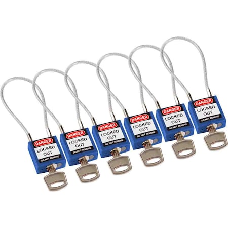Brady Compact Nylon Padlock 4.2 in Steel Shackle KA Blue with 7.87 in Cable 6PK 146130