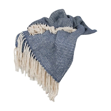 Homeroots 50" X 60" Navy and Ivory Woven Cotton Polka Dots Throw Blanket with Tassels 518779