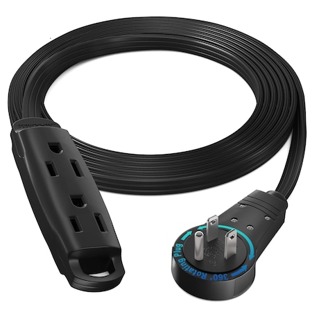 Maximm 10ft 16AWG 3-Outlet 360 degrees Flat Plug Extension Cord, Grounded UL, Black ADW-360-C110-B
