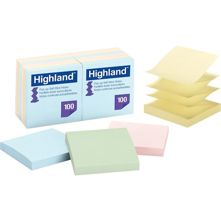 3M Highland, Self-Stick Pop-Up Notes, 3 X 3, Assorted Pastel, 100-Sheet, 12PK 6549PUA