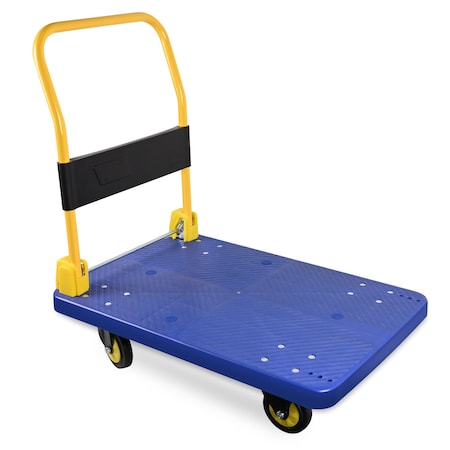 Wrightmaster 1100 lb. Capacity 4-Wheel Steel Standard Duty Platform Truck - Blue, Folding Push Cart ZR-EX-500