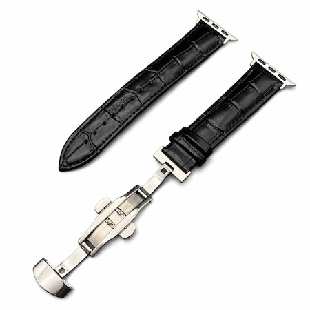 Elegani Alligator-Embossed Leather Band Compatible with Apple Watch 44mm, Black, Rose Gold Buckle LAD-BLKBLK-RGD-44