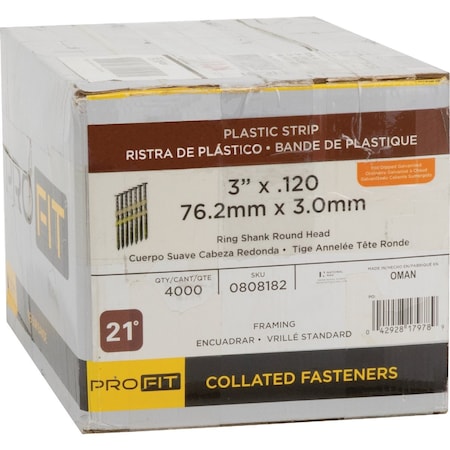 Pro-Fit 3''x0.120'' 21Deg Plastic Strip Ring Shank Round Head Hot Dipped Glvnzd Framing Stick Nails, 4000 Ct. 808182
