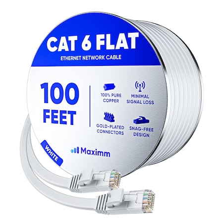 Maximm Cat6 Flat Ethernet Cable 100ft, White CAT6F-100FTWHITE
