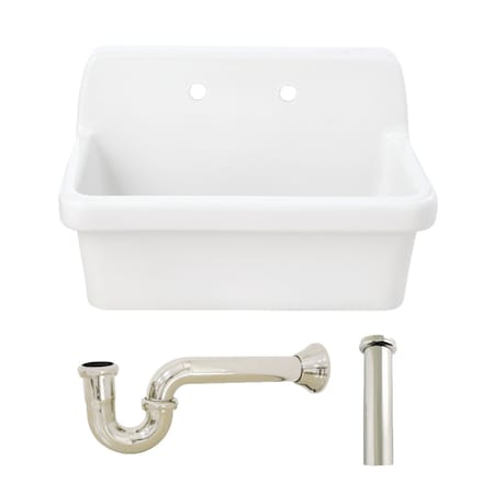 Kingston Brass 30" Ceramic Single Bowl Wall Mount Kitchen Sink with Strainer, White/Polished Nickel KGPKWS3019186