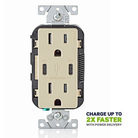 Leviton USBReceptacle, 15A, 1/2hp, Ivory, Thrmplstc T5635-I