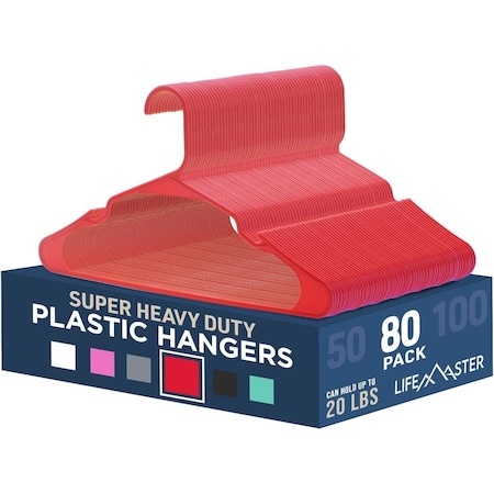 Lifemaster Heavy-Duty Plastic Hangers, Non-Slip, Space-Saving, Holds 5 lbs, Red, 80PK LMPLCRED80