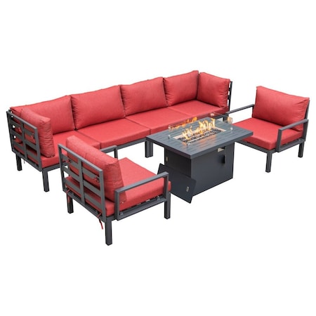 Leisuremod Hamilton 7-Piece Aluminum Patio Conversation Set with Fire Pit Table And Cushions, Red HSFBL-7R