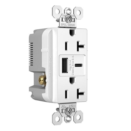 Legrand USB Receptacle, 20 A, White, Nylon TR20USBACW